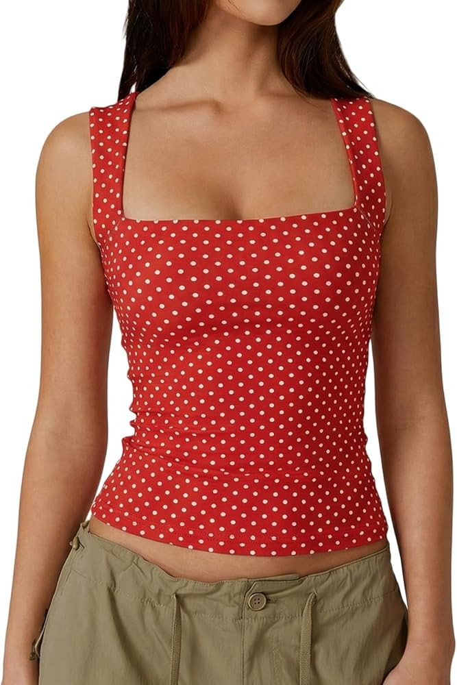 QINSEN Women's Square Neck Sleeveless Double-Layer Tank Tops Basic Tight T Shirts | Amazon (US)
