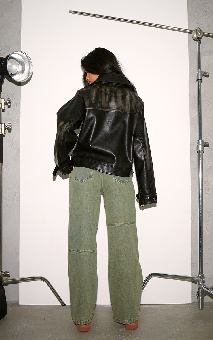 Black Worn Faux Leather Oversized Biker Jacket | Pretty Little Thing (Australia & New Zealand)