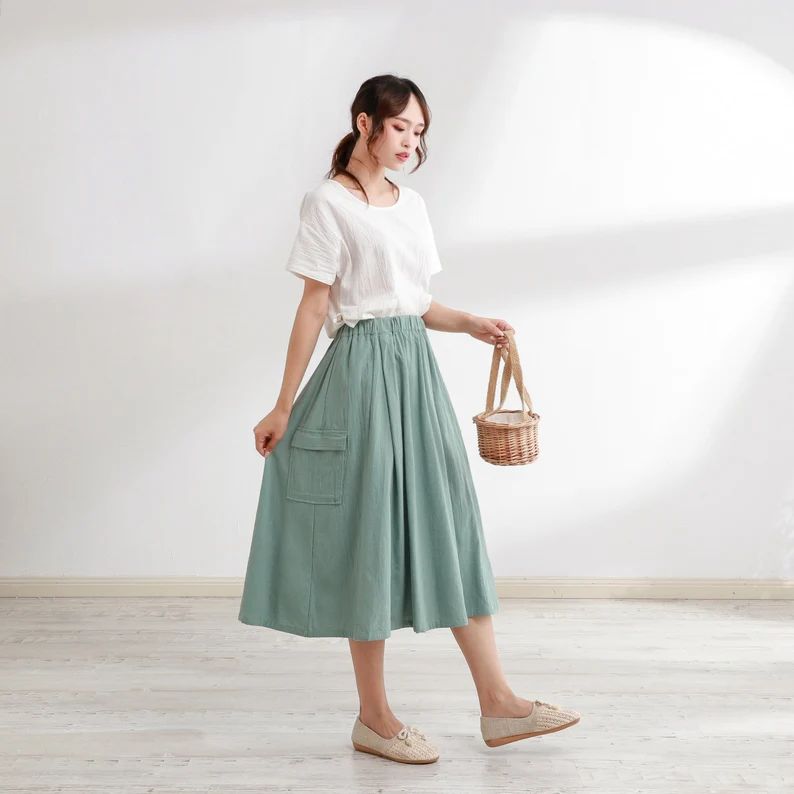New Design Summer Cotton Skirts A-line Pleated Elastic Waist Skirt Flared Midi Skirts Customized ... | Etsy (US)