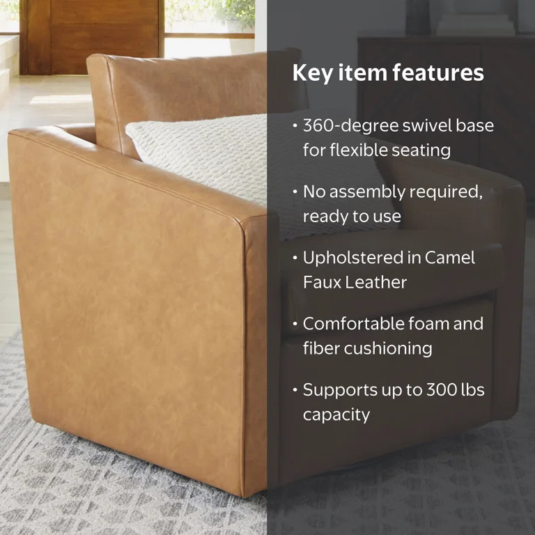 Better Homes & Gardens Steele Swivel Accent Chair, Camel Faux Leather | Walmart (US)