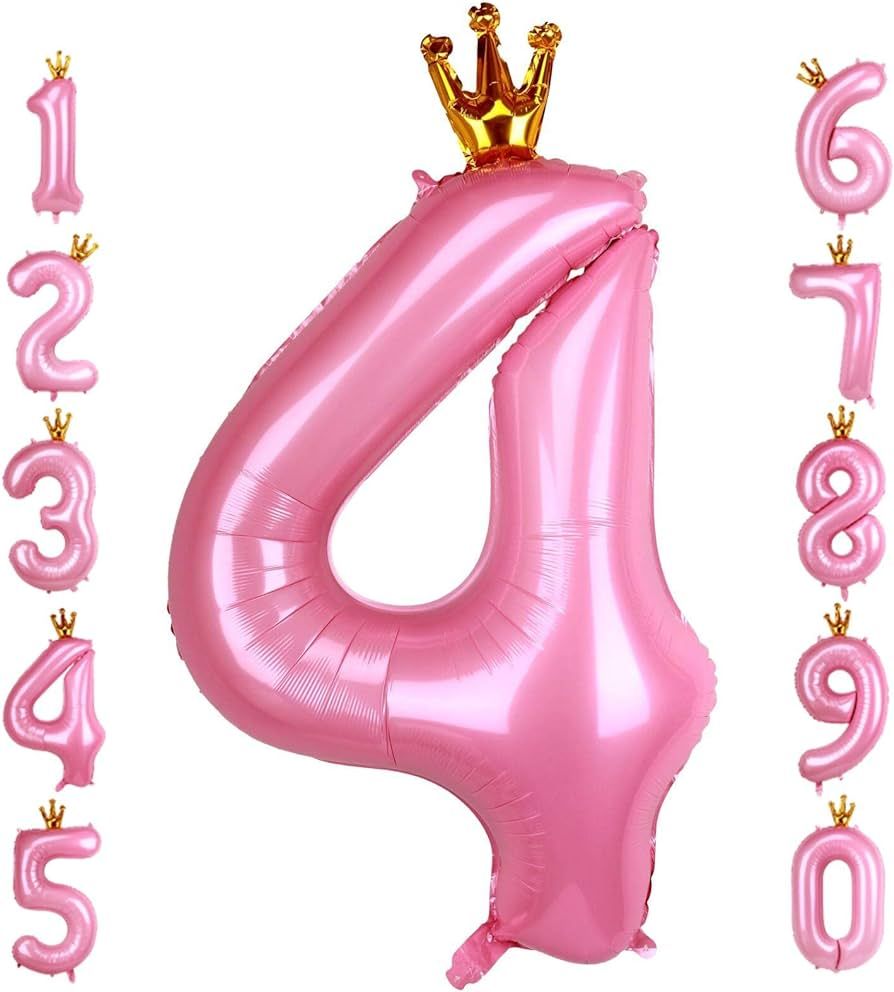 40 Inch Crown Pink Number 4 Balloon, Big Conjoined Baby Pink Foil Mylar Helium Digit 4 Balloon fo... | Amazon (US)