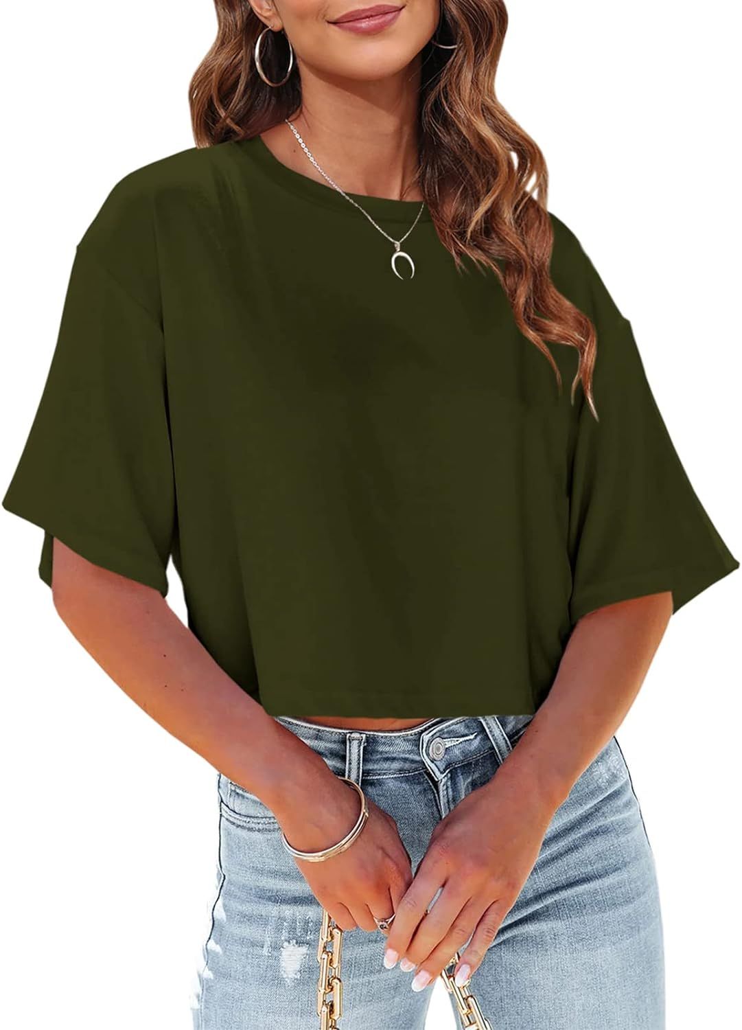 Tankaneo Women Half Sleeve Cropped T-Shirts Drop Shoulder Round Neck Crop Tops Casual Summer Soli... | Amazon (US)