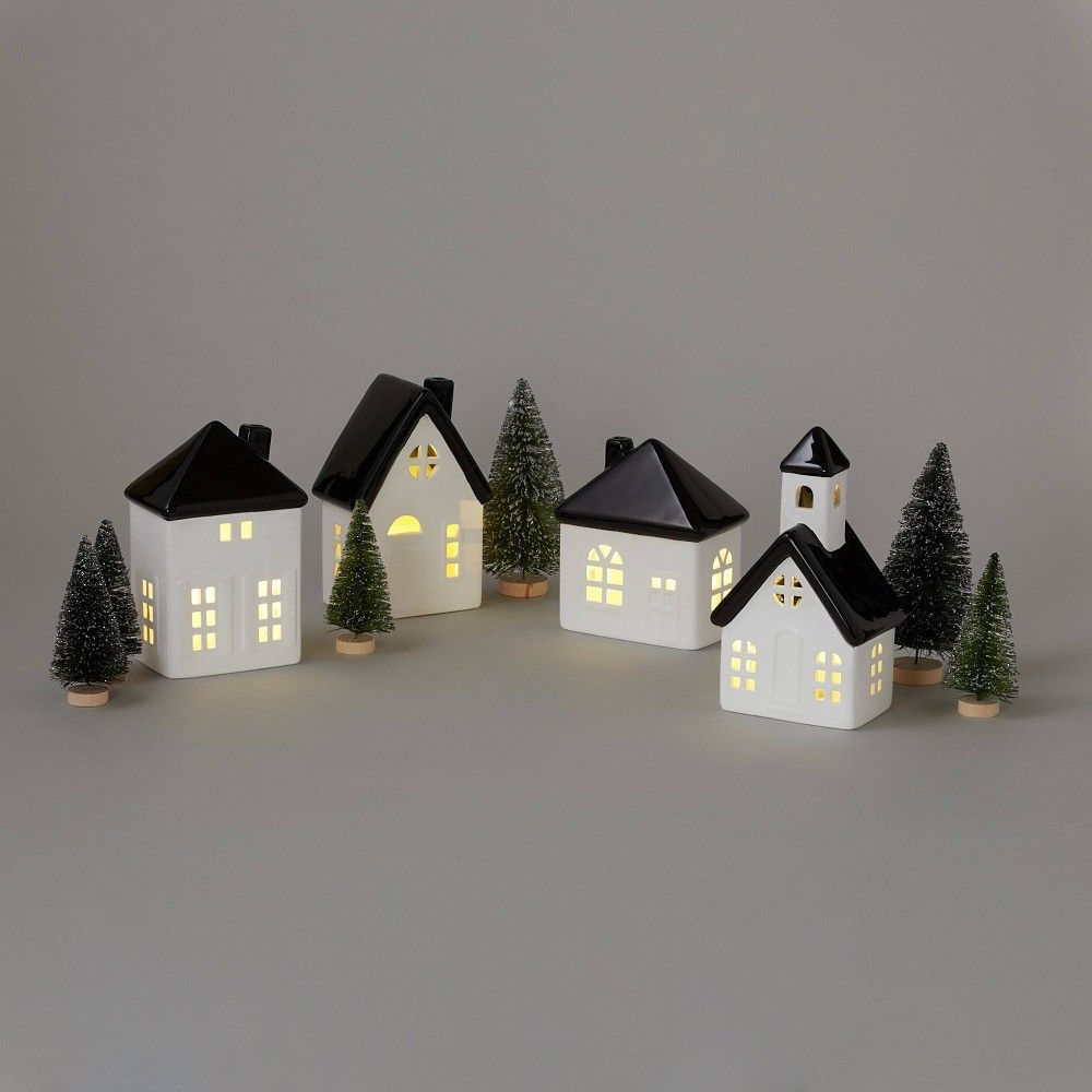 10pc Battery Operated Decorative Ceramic Village Kit White/Black with Green Trees - Wondershop | Target