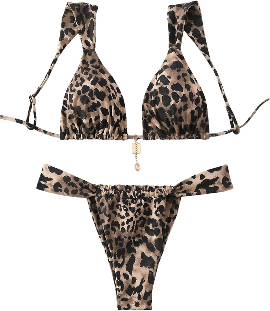 QJQ Women's 2 Piece Cheeky Bikini Sets Leopard Print Tie Back Bathing Suit Sexy Triangle Swimsuit | Amazon (US)