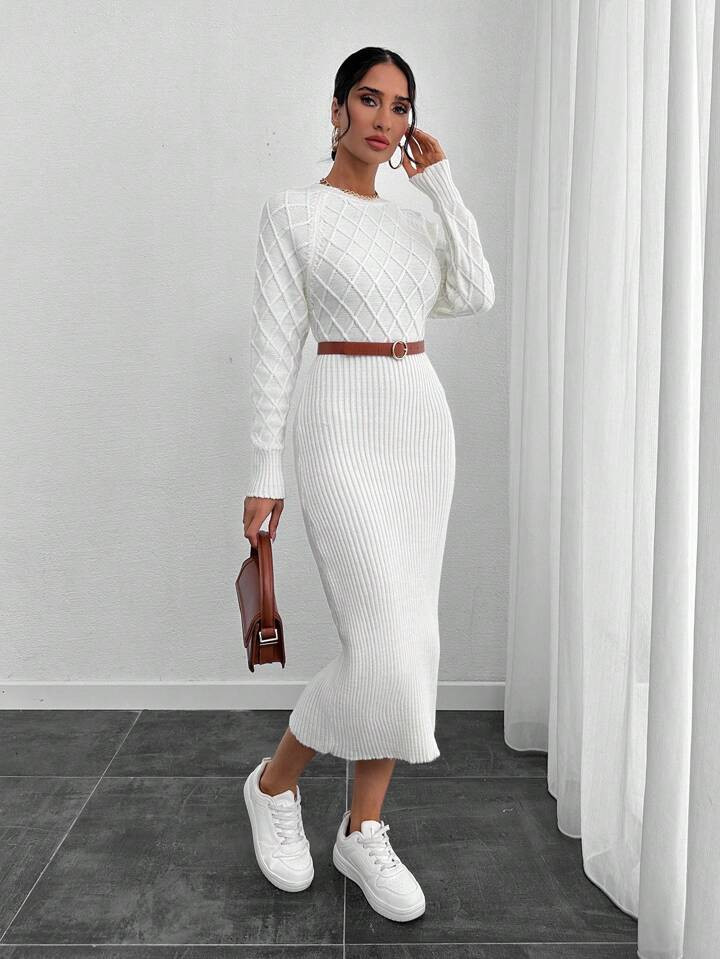 SHEIN 2pcs/Set Midi Sweater Dress & Undershirt, Thick Cable Knit, Pair With Coat, Autumn/Winter 2024 New Arrival, White | SHEIN