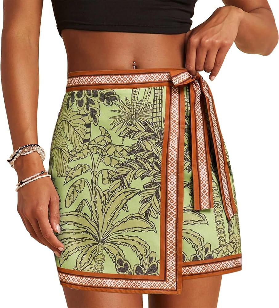 Womens Wrap Skirt Summer A Line Mini Skirts Boho Mermaid Floral Printed Tie Side High Waist Beach... | Amazon (US)