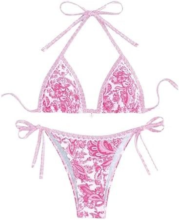 WDIRARA Women's 2 Piece Boho Swimsuits Floral Print Halter String Triangle Bikini Set Beach Bathi... | Amazon (US)