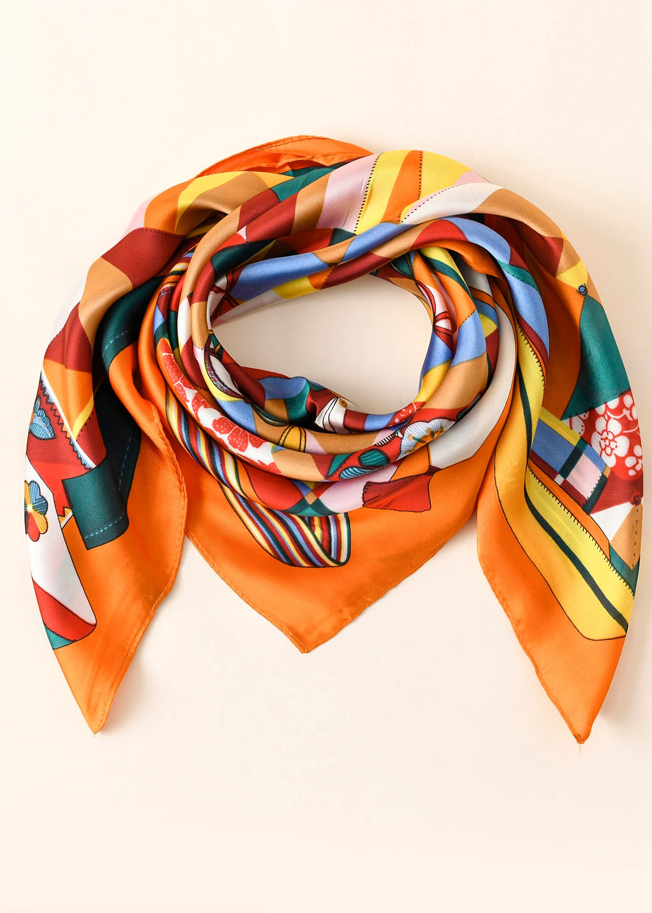 Geometric Flower Print Satin Scarf (One Size / Orange) | 1Sansome