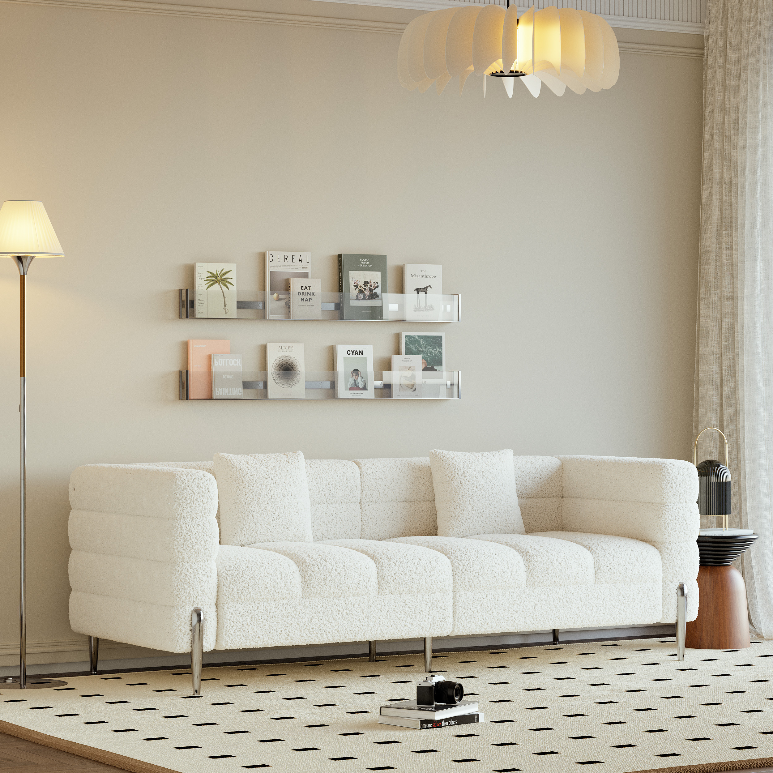 78.7"" Modern White Boucle Upholstered Fluted 3 Seater Sofa for Living Room with pillow | Homary