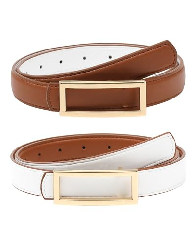 AWAYTR Women Reversible Leather Belt - Two-in-One Women Fashion Skinny Belt for Jeans with Golden... | Amazon (US)