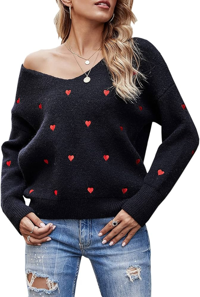 ECOWISH Women Valentine Heart Sweater V Neck Embroidery Knit Loose Casual Long Sleeve Ribbed Pullove | Amazon (US)