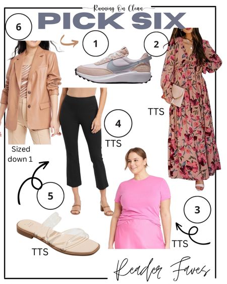 Pick Six 
Reader Favorites from the week
1. Pink sneakers - half size up
2. Maxi floral dress tts 
3. Pink basic tee - tts 
4. Black crop pants tts 
5. Clear sandals tts  
6. Faux leather blazer - sized down one size 

Spring style 
Spring outfits 


#LTKunder50 #LTKstyletip #LTKSeasonal
