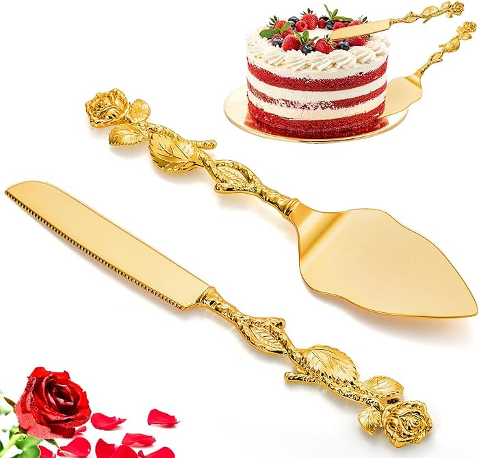 Wedding Cake Knife and Server Set, Gold Cake Cutting Set for Wedding, Vintage Rose Wedding Cake C... | Amazon (US)
