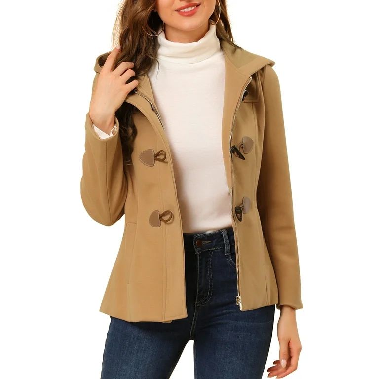 Unique Bargains Women's Winter Outwear Hooded Zip Up Button Toggle Pea Coat | Walmart (US)