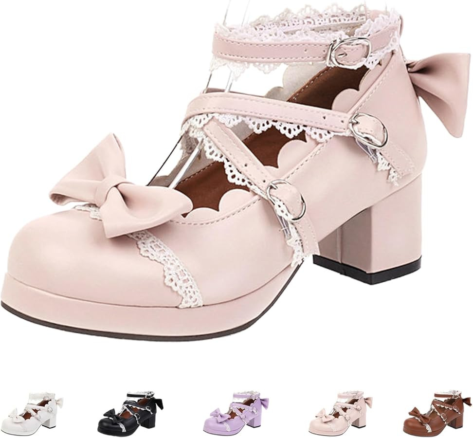 Women's Kawaii Gothic Lolita Mary Jane Shoes Chunky Platform High Heel with Sweet Bow Buckle Ankl... | Amazon (US)