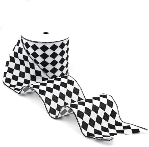 Black and White Diamond Glitter Wired Ribbon 4" X10 Yards White/Black Check Burlap Christmas Tree... | Amazon (US)