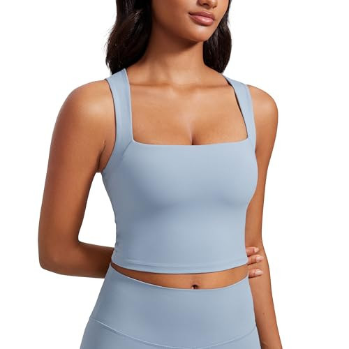 CRZ YOGA Butterluxe Womens Longline Square Neck Sports Bras - Basic Crop Tank Yoga Workout Tops with Built in Pads Cambric Blue Medium | Amazon (US)