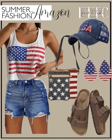 Amazon Summer Fashion. Follow @farmtotablecreations on Instagram for more inspiration.

Women's Sexy American Flag Crop Tank 4th of July Patriotic Sleeveless Tee Tops. CHICZONE Womens Mid-High Waisted Denim Jean Shorts Cutoff Ripped Stretchy Summer Hot Short Pants. American Flag Hat Unisex Vintage Embroidery Washed Distressed Cotton Baseball Cap Adjustable USA Trucker Dad Hat. American Flag Earrings for Women 4th of July Patriotic Earrings Cute Teardrop Leather Dangle Earrings. 100% Genuine Leather Flat Sandals Women Comfortable Beach Essentials Womens Sandals Memory Foam Vacation Essentials Comfy Women's Sandals Slides for Women Footwear. Crossbody Bag - Stars & Stripes

Amazon. Amazon Finds. Fourth of July Outfit for Women. Patriotic Clothing. Sunglasses for Men. Sunglasses for Women. Country Concert Outfit. Jean Shorts. Amazon Fourth of July. Amazon Summer Clothes. OOTD. Women’s Outfit. Women’s Summer Outfit.

#LTKSaleAlert #LTKShoeCrush #LTKFindsUnder50