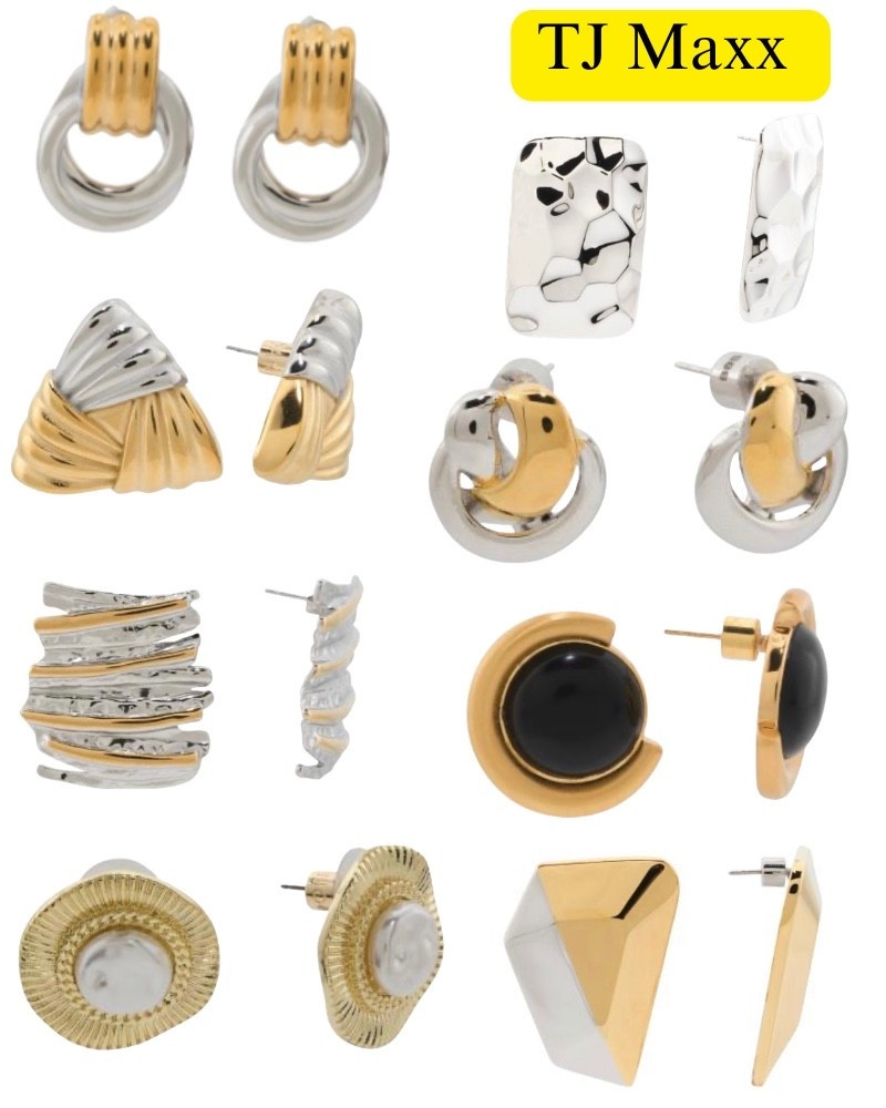 Designer earrings on sale at TJ Maxx. Gold, silver, round, pearl, black, triangle, jewelry.

#LTKSaleAlert #LTKWedding
