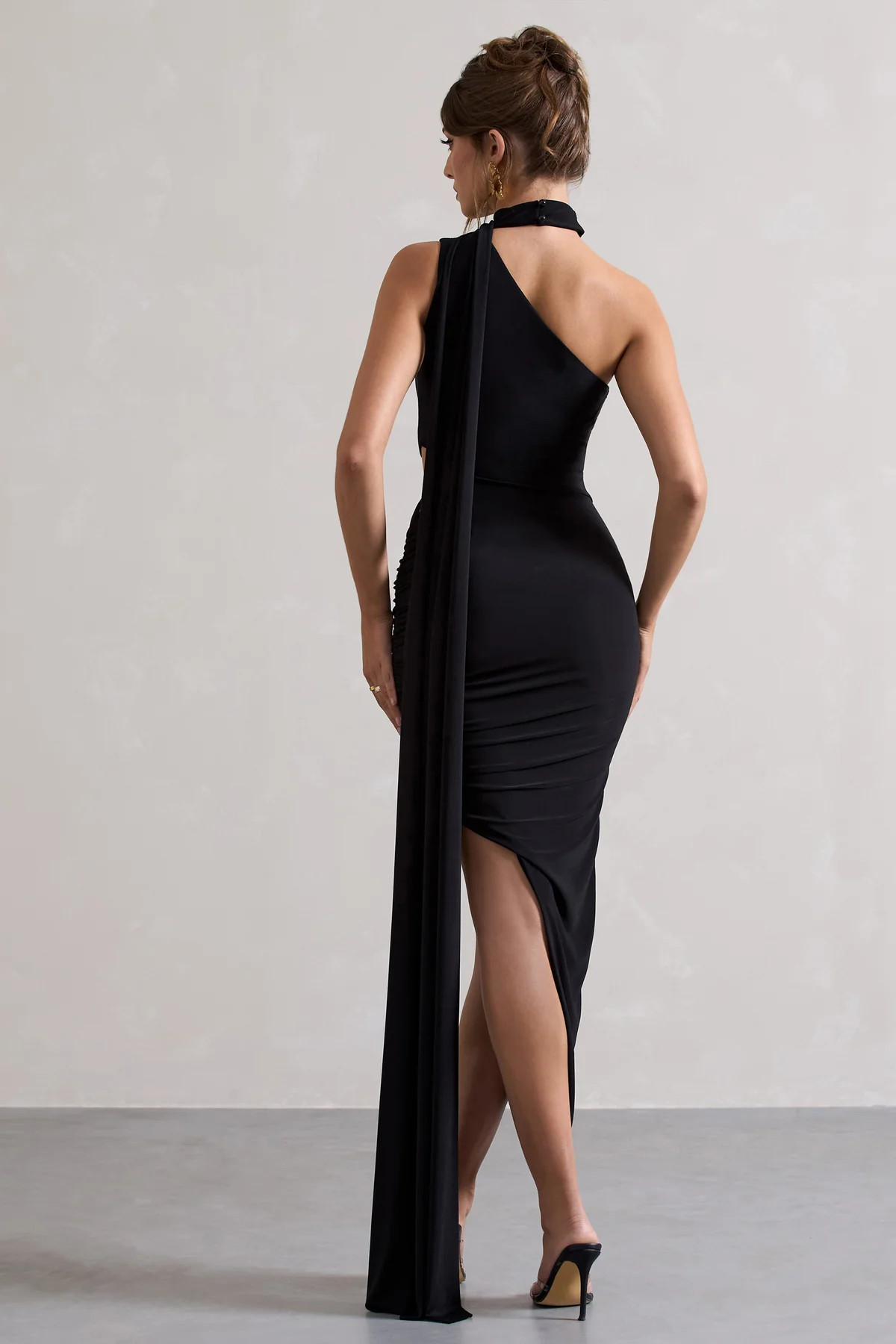 Icon | Black Asymmetric Cut-Out Maxi Dress With Scarf | Club L London