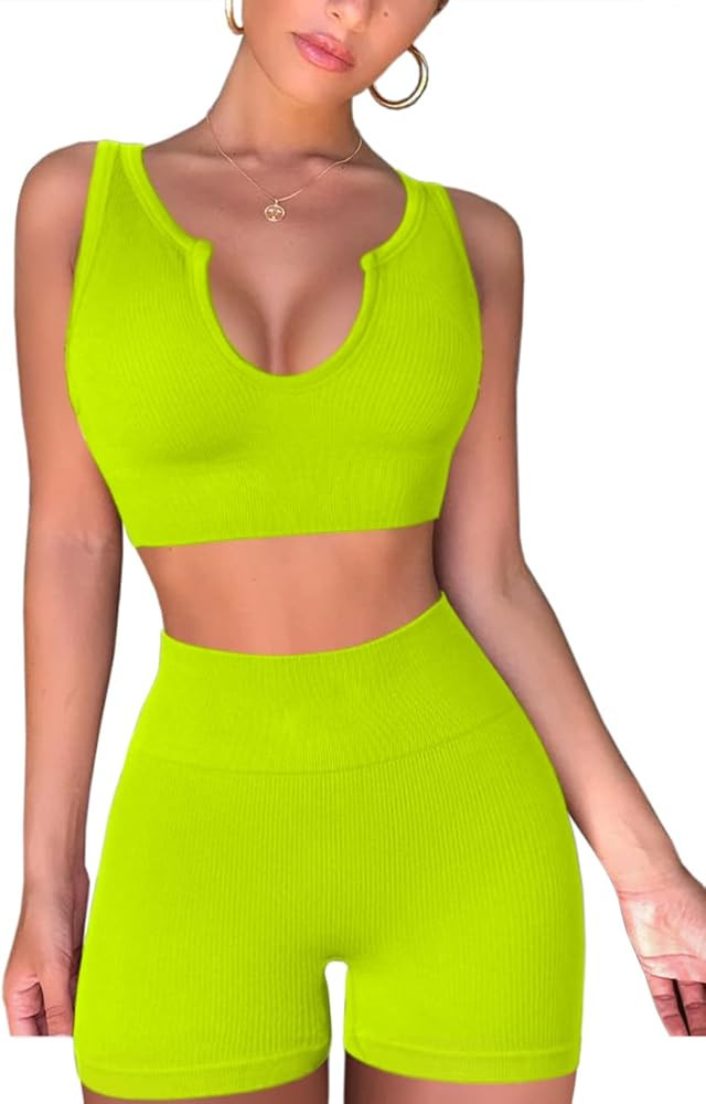 FAFOFA Seamless Workout Sets for Women Ribbed Sport Bra High Waist Running Shorts Gym 2 Piece Yog... | Amazon (US)