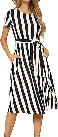 levaca Women's Short Sleeve Striped Casual Flowy Midi Belt Dress with Pockets | Amazon (US)