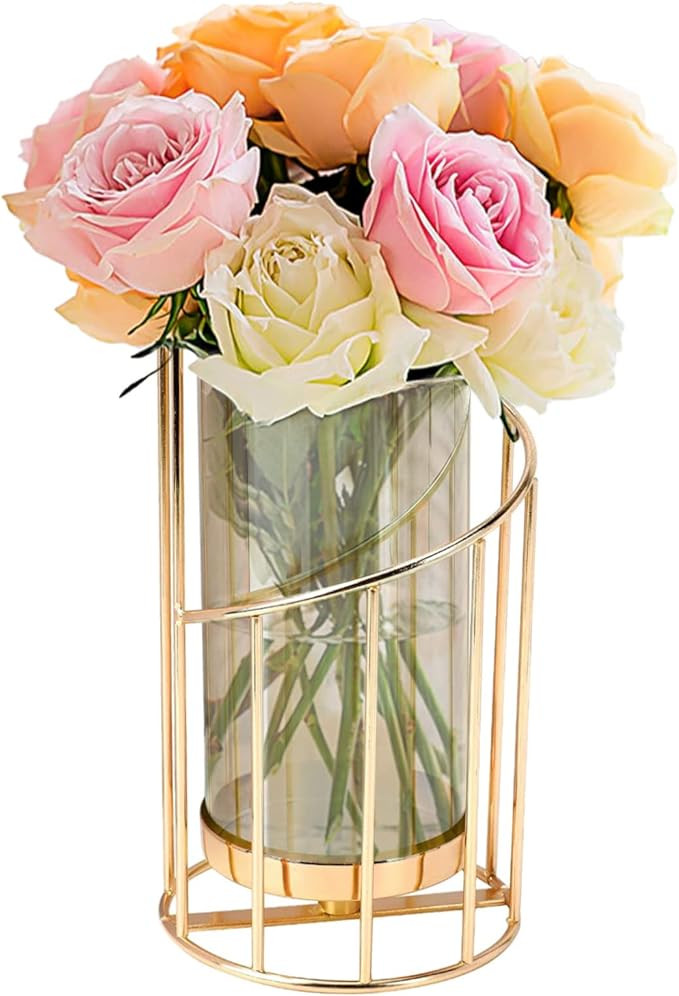 BYBOUS Glass Flower Vase with Metal Frame Modern Creative Geometric Gold Vase Decorative Vase Wed... | Amazon (US)