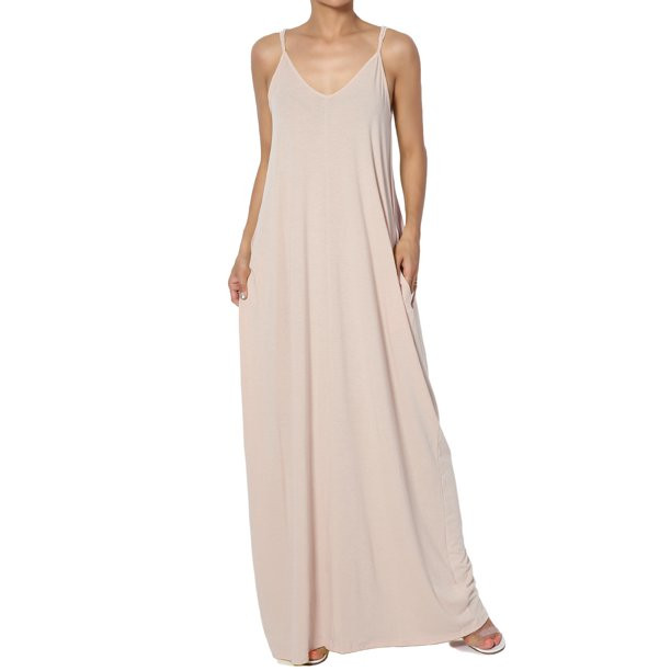 TheMogan Women's S~3X V-Neck Draped Jersey Casual Beach Cami Long Maxi Dress W Pocket - Walmart.c... | Walmart (US)