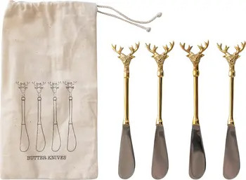 Stainless Steel and Brass Canapé Knives with Gold Finish Reindeer Handles, Set of 4 in Printed D... | Nordstrom