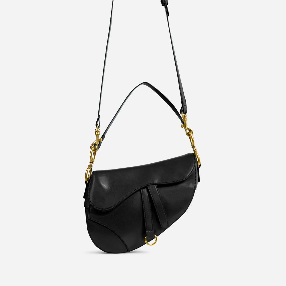 Issy Ring Detail Shaped Cross Body Saddle Bag In Black Faux Leather | EGO Shoes (US & Canada)