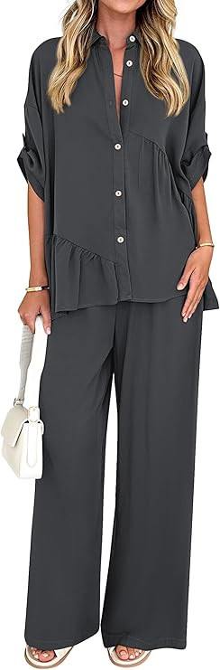 KIRUNDO Two Piece Sets for Women Summer Outfits 2025 Dressy Casual Half Sleeve Button Down Shirt ... | Amazon (US)