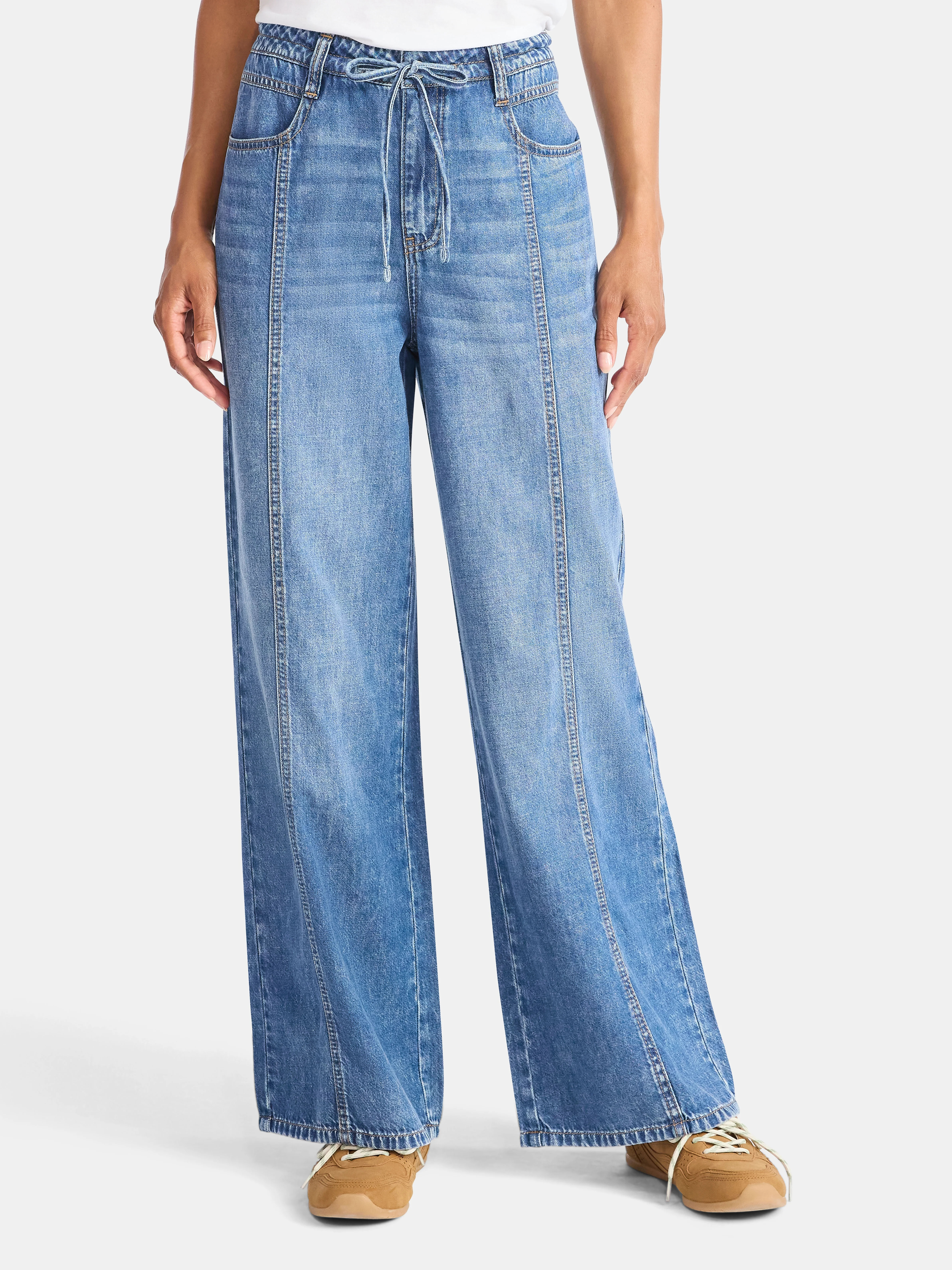 Time and Tru Women's and Women's Plus Relaxed Tie Waist Wide Leg Jeans, 31" Inseam, Sizes 0-20 - ... | Walmart (US)