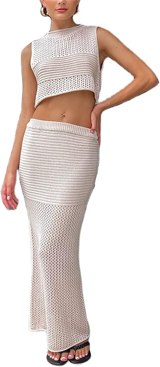 Women Crochet Knitted Skirts Set Hollow Out Lace up Swimsuit Cover Ups 2Pcs Knitted Outfits Set S... | Amazon (US)