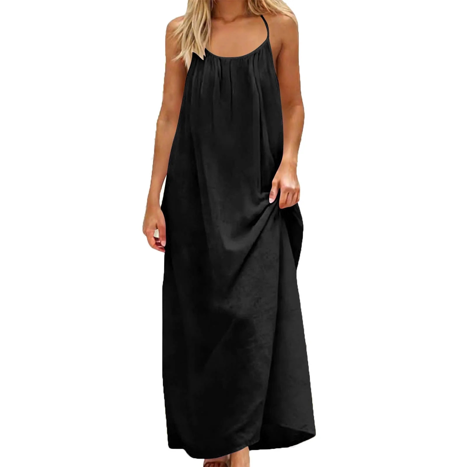 Kvture Women's Linen Backless Cami Dress Lounge Spaghetti Strap Open Back Flowy Beach Vacation Su... | Walmart (US)