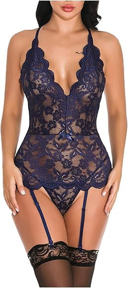 Women's Sexy V-Neck Lace Button Underwear Jumpsuit Long Sleeve Bodysuit Sleepwear Sexy Lingerie C... | Amazon (UK)