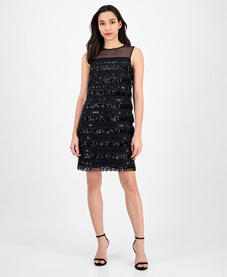 Anne Klein Women's Sequin-Fringe Sleeveless Shift Dress - Macy's | Macy's