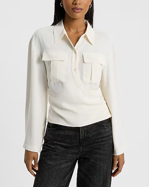 Two Pocket Long Sleeves Surplice Top | Express