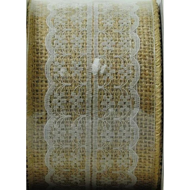 Mainstays 2.5"X10' Wired Natural Burlap Ribbon with White Lace in Middle, 1 Each | Walmart (US)