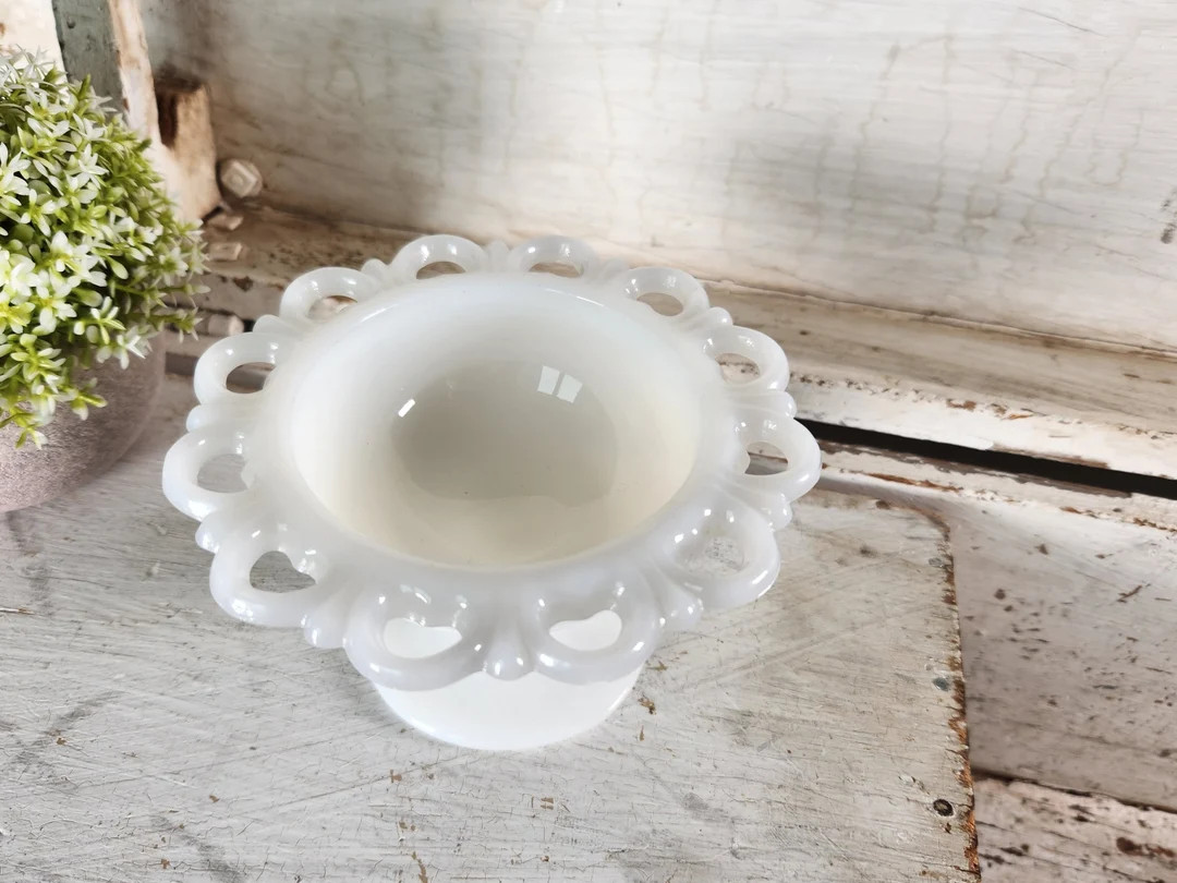 Vintage Anchor Hocking Old Colony Lace Edge Milk Glass Pedestal Candy Dish 7"- Wedding , Party, T... | Etsy (US)