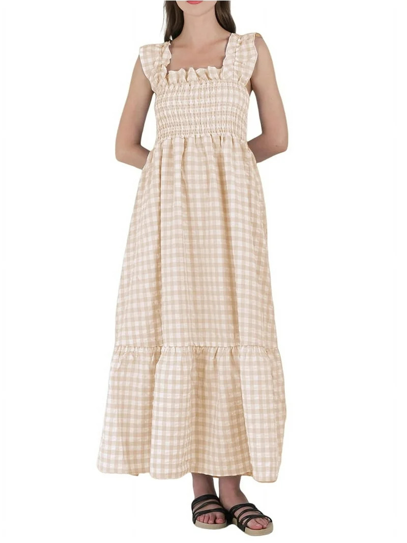 Women'S Retro Plaid Smocked Dress Spaghetti Strap Flounce Long Dress Cream White S | Walmart (US)