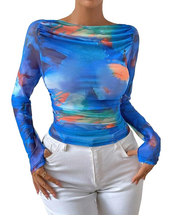 OYOANGLE Women's Tie Die Boat Neck Ruched Mesh Long Sleeve Slim Fit Sheer Tops Shirt | Amazon (US)