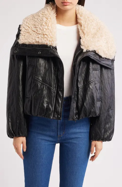 MANGO Faux Leather Jacket with Faux Shearling Collar in Black at Nordstrom, Size Medium | Nordstrom