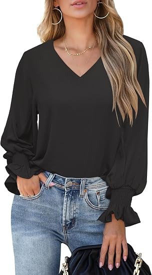 Aifer Womens Blouses Dressy Casual Tops V Neck Ruffle Balloon Long Sleeve Shirts Elegant Business... | Amazon (US)