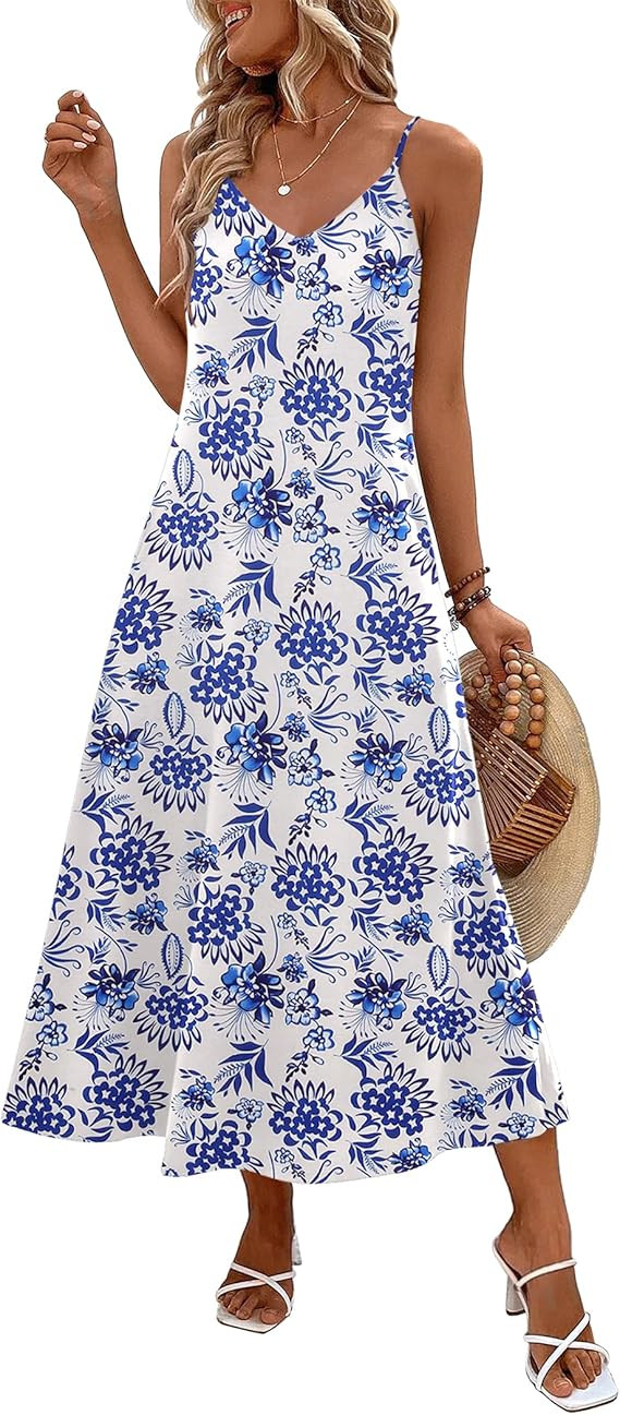 Zeagoo Womens Summer Maxi Dress Spaghetti Strap Casual Printed Dress Boho Floral Beach Sundress, | Amazon (US)