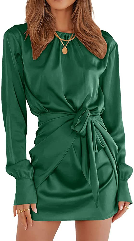 ANRABESS Women Casual Long Sleeve Crewneck Ruched Wrap Short Party Dress Tie Waist Satin Cocktail... | Amazon (US)