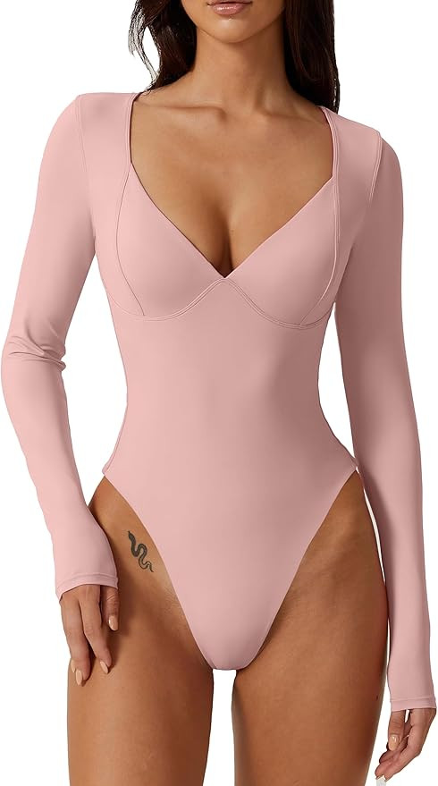 QINSEN Women's Long Sleeve Bodysuit V Neck Body Suits Seamed Cup Going Out Tops Shirt | Amazon (US)