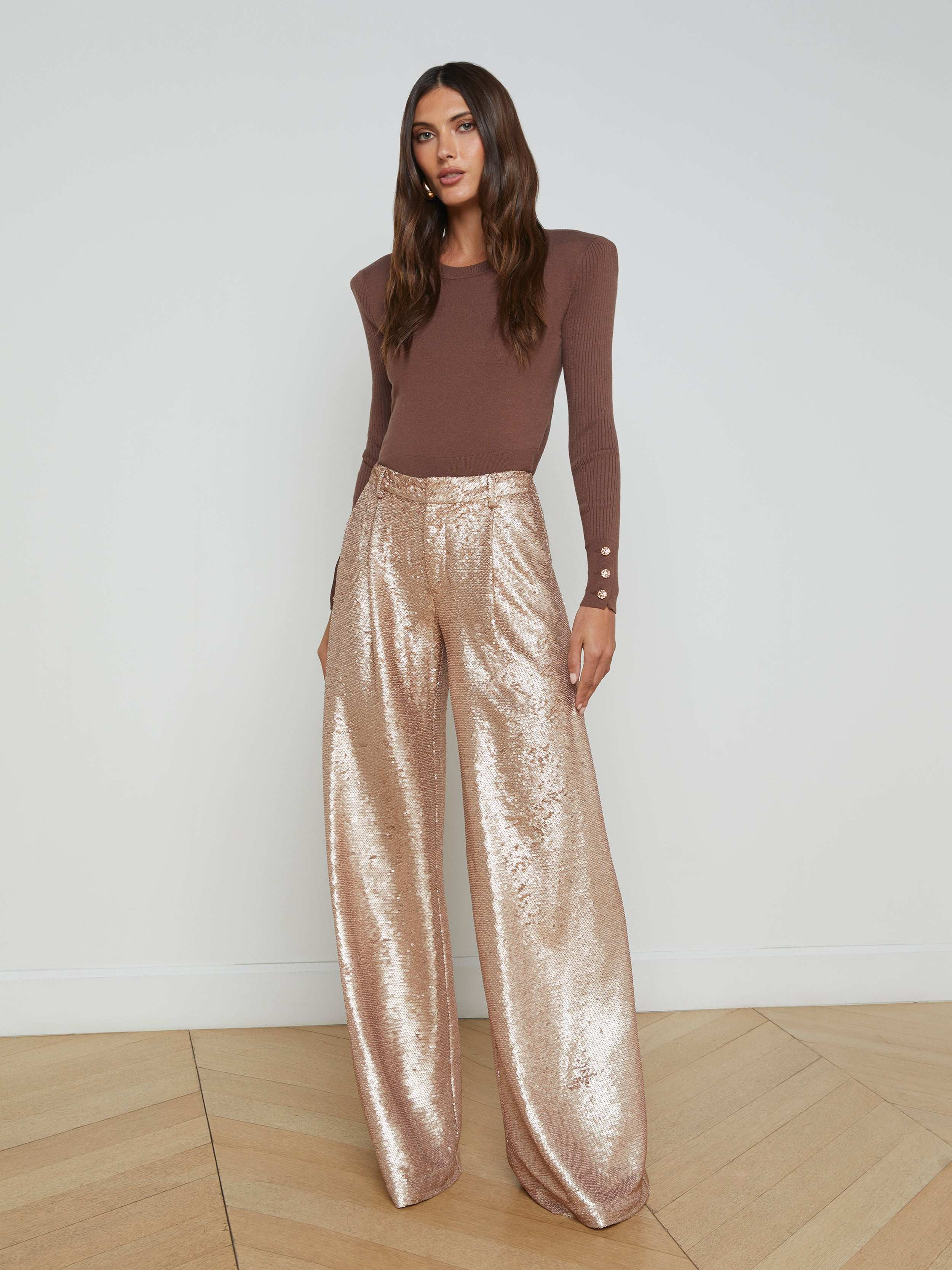 L'AGENCE - Allanah Sequin Trouser in Beige Sequin | L'Agence