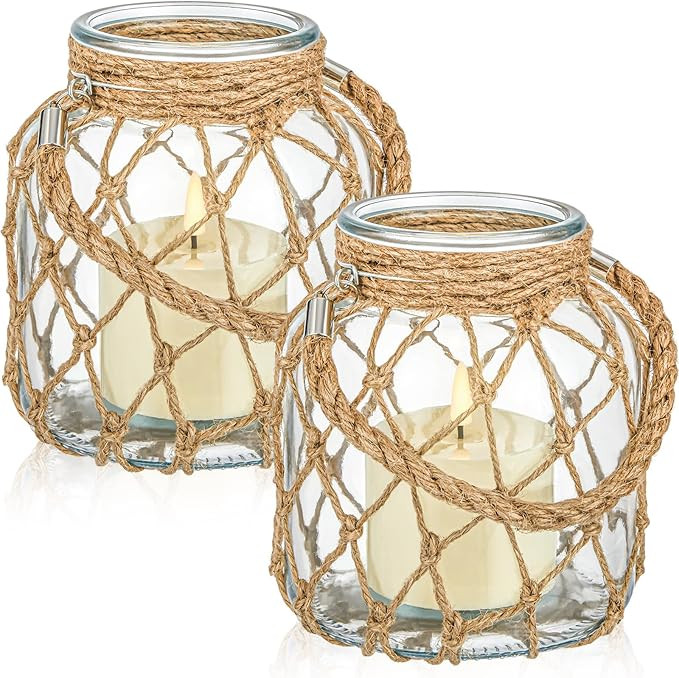 2 Set Nautical Candle Lantern with Rope Handle Coastal Glass Jar Battery Operated LED Flameless L... | Amazon (US)