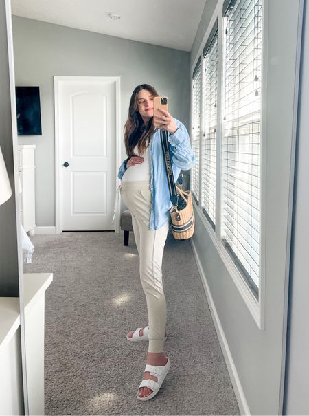 Casual outfit idea. White tee, oversized button up, joggers, & sandals. Amazon sandals fit tts, express tee fits tts. Non maternity clothes. I’m 37 weeks.,

#LTKshoecrush #LTKunder50 #LTKbump