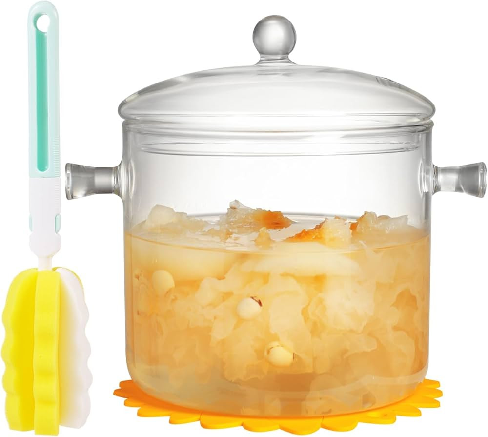 Clear Glass Cooking Pot With Lid And Brush And Silicone Hot Pads On Stove - 3L(101oz) Borosilicat... | Amazon (US)